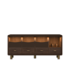 Front view of the Edward Sideboard by Wood Tailors Club featuring illuminated upper storage compartments, leather-accented holders, wooden drawers with brass handles, and brushed brass legs.