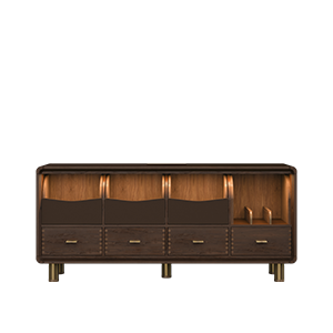 Front view of the Edward Sideboard by Wood Tailors Club featuring illuminated upper storage compartments, leather-accented holders, wooden drawers with brass handles, and brushed brass legs.