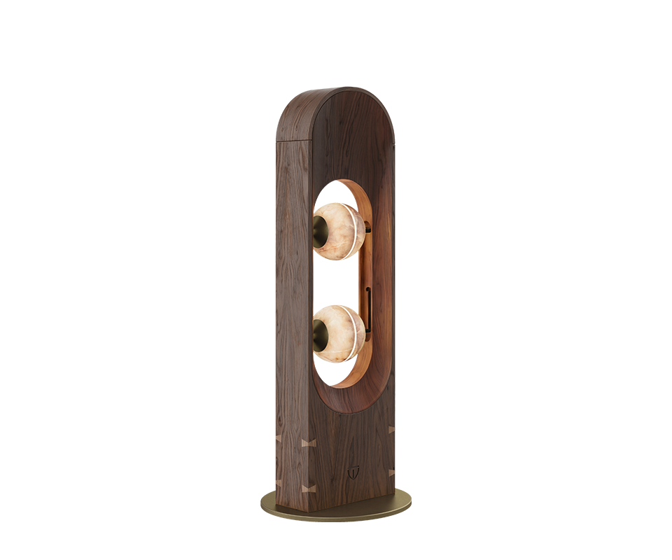 Foley Floor Lamp Foley Floor Lamp in alabaster, walnut wood, smoked walnut wood and aged brushed brass .