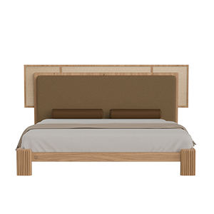 Forbes bed front view featuring a fabric and rattan headboard, cylindrical leather bolster pillows, and a oak wood frame.