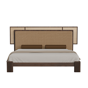 Forbes bed front view featuring a fabric and rattan headboard, cylindrical leather bolster pillows, and a walnut wood frame.