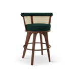 George Bar Chair handcrafted in walnut wood, ratan and green forest linen