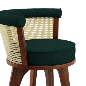 George Bar Chair handcrafted in walnut wood, ratan and green forest linen