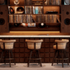 Three George Bar Chairs by Wood Tailors Club arranged in front of a mid-century modern home listening bar. The chairs feature dark walnut wood legs, a circular brass footrest, and a curved backrest with woven rattan detailing and beige upholstery. The background showcases a sophisticated wooden built-in shelving unit filled with vinyl records, large integrated speakers, and warm ambient lighting.