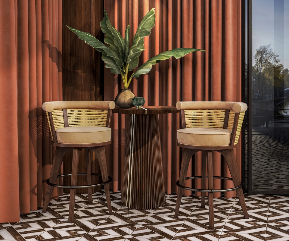 George Bar Chair george bar chair George Bar Chair handcrafted in walnut wood, ratan and green linen