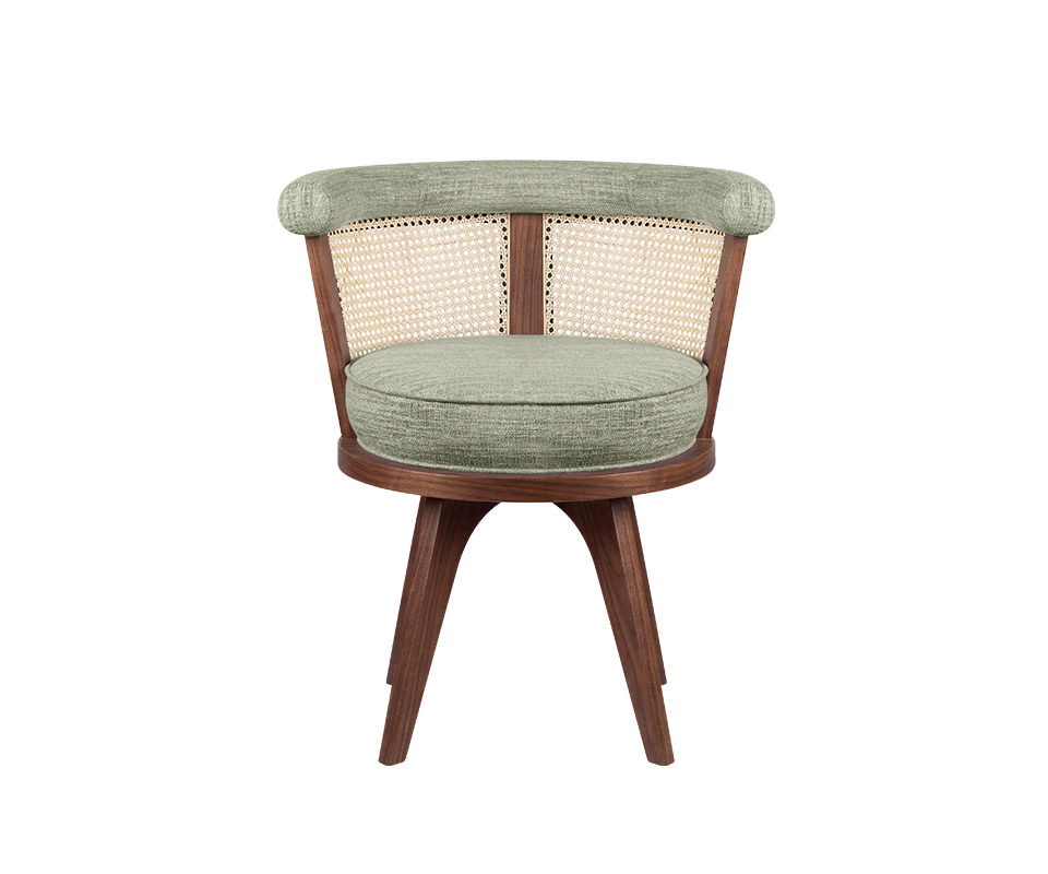 A front-facing view of the George Dining Chair by Wood Tailors Club, handcrafted from smoked walnut wood with a natural cane rattan backrest and upholstered in a green textured fabric.