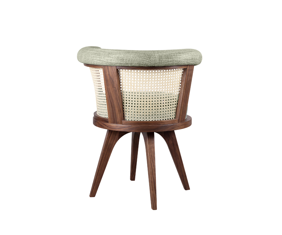 A detailed rear view focusing on the geometric pattern and meticulous craftsmanship of the natural cane rattan backrest against the warm tones of the smoked walnut wood frame.
