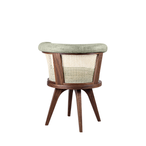 A detailed rear view focusing on the geometric pattern and meticulous craftsmanship of the natural cane rattan backrest against the warm tones of the smoked walnut wood frame.