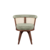 A front-facing view of the George Dining Chair by Wood Tailors Club, handcrafted from smoked walnut wood with a natural cane rattan backrest and upholstered in a green textured fabric.