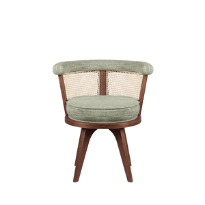 A front-facing view of the George Dining Chair by Wood Tailors Club, handcrafted from smoked walnut wood with a natural cane rattan backrest and upholstered in a green textured fabric.