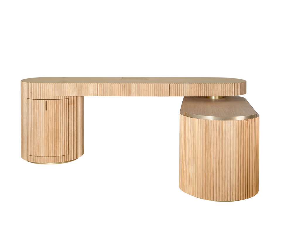 Gifford desk by Wood Tailors Club in oak. Front view with the lower oak shelf module rotated 90 degrees forward, revealing two open interior shelves for storage, adjacent to the fluted oak cabinet on the left. Brass leg accents.