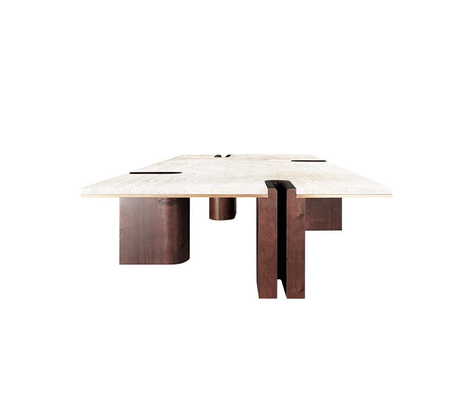 A low-angle side view of the Grenville Center Table emphasizing the contrast between the organic textures of the travertine and the smooth, dark smoked walnut wood. The thin brushed brass line is visible as a subtle metallic accent separating the stone from the wooden support structure.