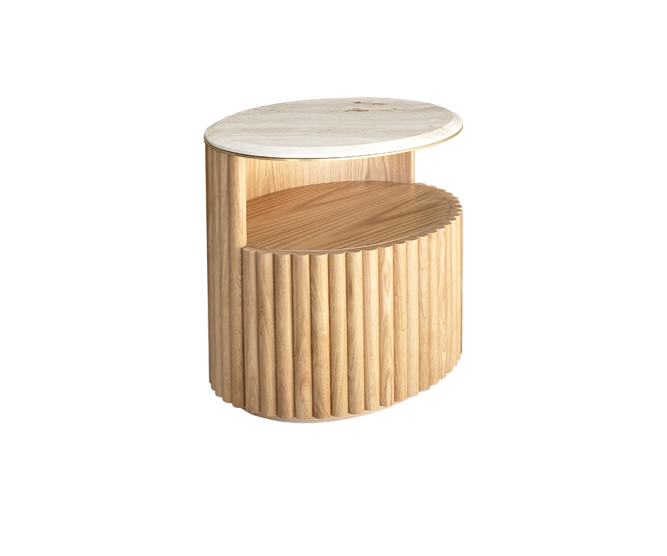 Herbert Bedside Table in natural oak with a travertine tabletop and brushed brass details, positioned at a 45-degree angle.