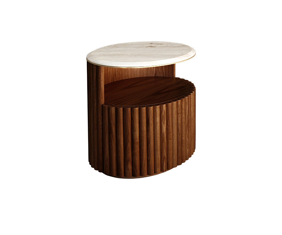 Herbert Bedside Table in smoked walnut wood with a travertine tabletop and brushed brass details, positioned at a 45-degree angle.