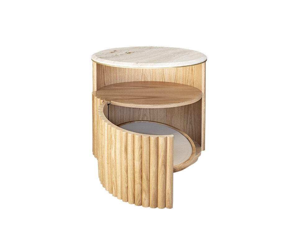Herbert Bedside Table in natural oak with a travertine tabletop and brushed brass details, positioned front-facing toward the camera with the door open, showcasing the leather detail inside.