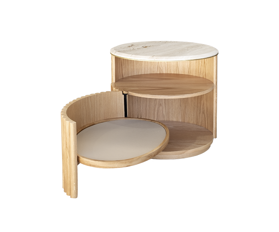 Herbert Bedside Table in natural oak with a travertine tabletop and brushed brass details, positioned front-facing toward the camera with the door completely open, showcasing the leather detail inside.