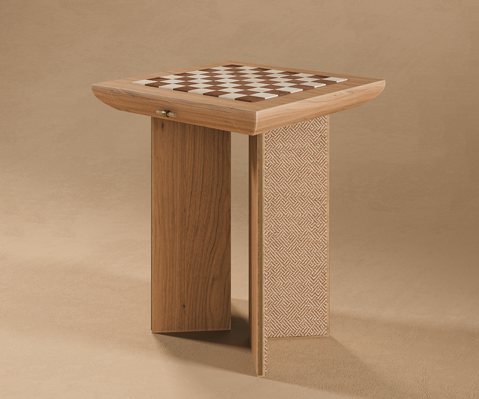 Howard Chess Table Animated GIF showing the Howard Chess Table in three distinct finish combinations: featuring dark smoked walnut and lighter wood frames, chessboard tops in Breccia and Forest Green marble, and base accents in dark woven leather and light woven cane.