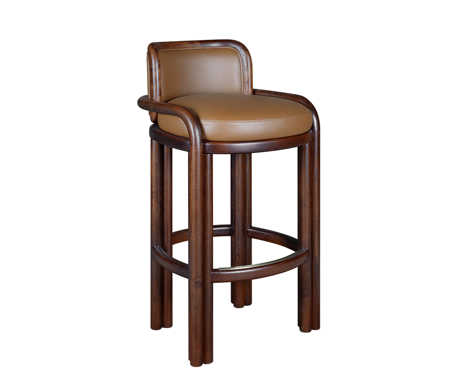 James Bar Chair James Bar Chair in smoked walnut solid wood frame with warm tan genuine leather cushioned seat and backrest, shown from a three-quarter front view on a black background.