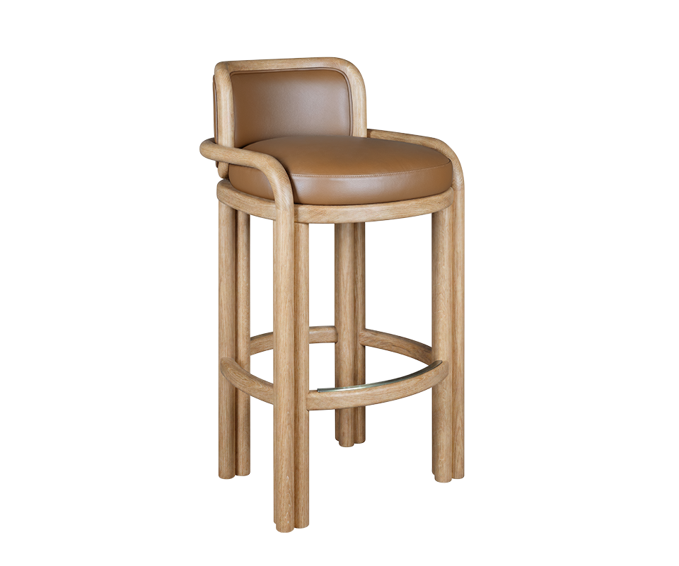 James Bar Chair James Bar Chair featured in a light natural oak wood frame with tan genuine leather upholstered seat, isolated on a solid black background.