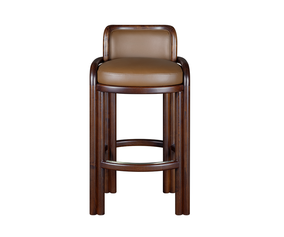 James Bar Chair Front view of the James Bar Chair crafted from dark smoked walnut wood with tan genuine leather seating and a curved brass footrest on a black background.