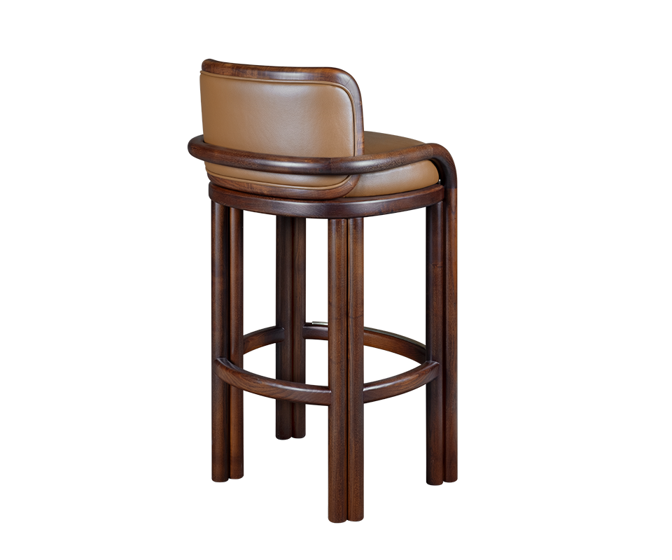James Bar Chair Three-quarter back view of the James Bar Chair highlighting the continuous smoked walnut wooden structure wrapping around the tan leather backrest.
