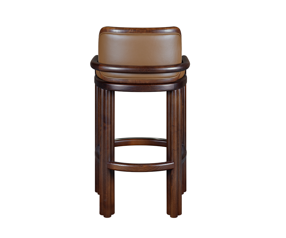 James Bar Chair Direct back view of the James Bar Chair showcasing the dark smoked walnut wood frame with a smooth tan genuine leather back cushion on a black background.