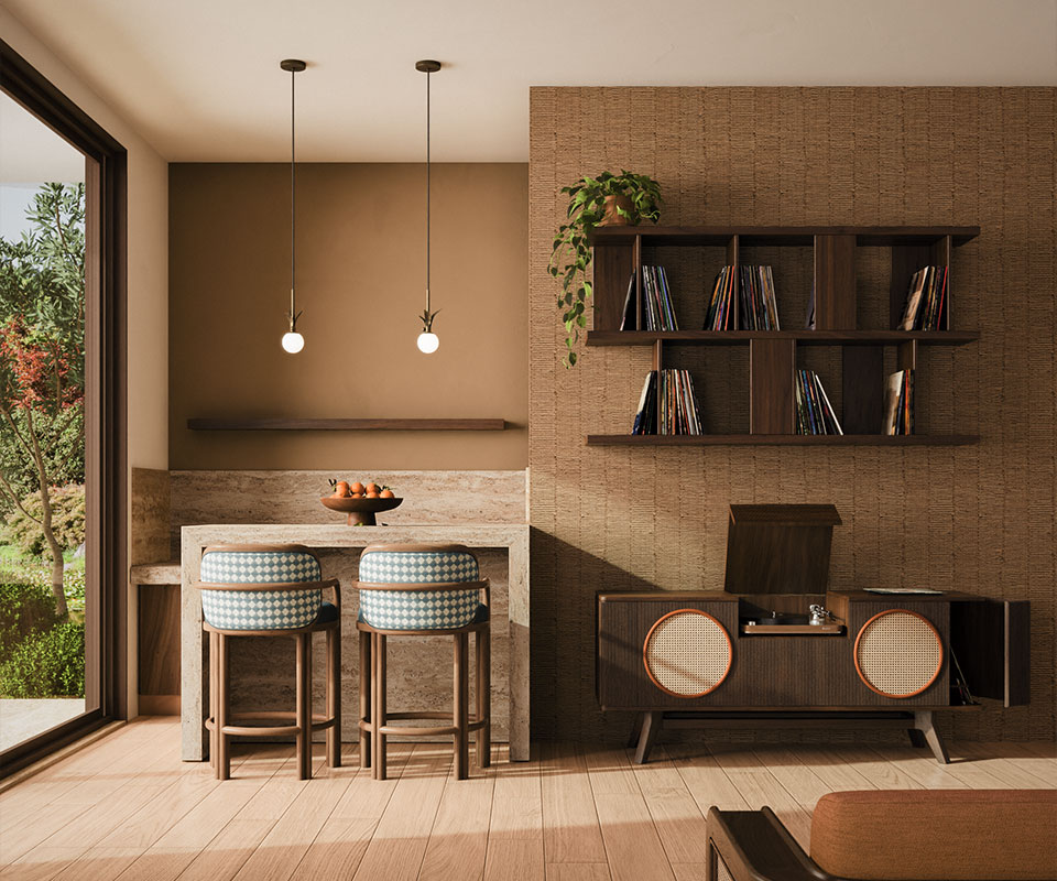The James bar chair, upholstered in a blue and white checker-pattern fabric, is placed in a living room setting next to the Harrison sideboard, crafted in walnut and showcasing a vinyl record player inside. The space is complemented by two illuminated Berlin pendant lamps.