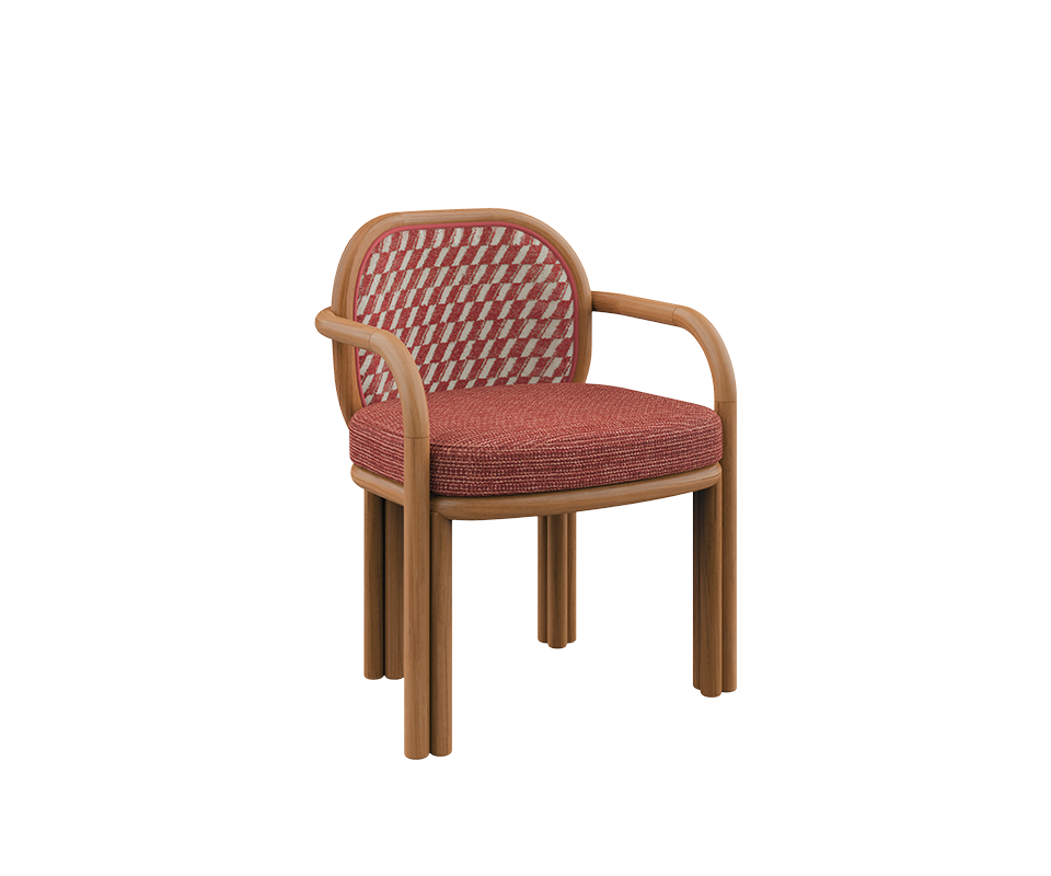 A James dining chair from Wood Tailors Club, showcasing the characteristic teak wood frame with a lower height. It features the same distinctive red and white geometric patterned backrest and textured red seat cushion as the bar chair version.
