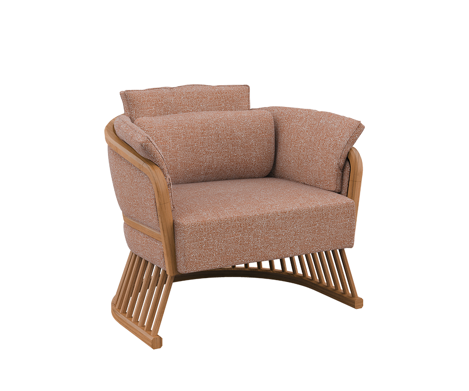 Johnson Armchair, a spacious armchair from Wood Tailors Club with a unique curved teak wood base featuring slatted details. The seat and plush backrest are upholstered in a warm, textured reddish-brown fabric, offering inviting comfort and an organic, modern feel.
