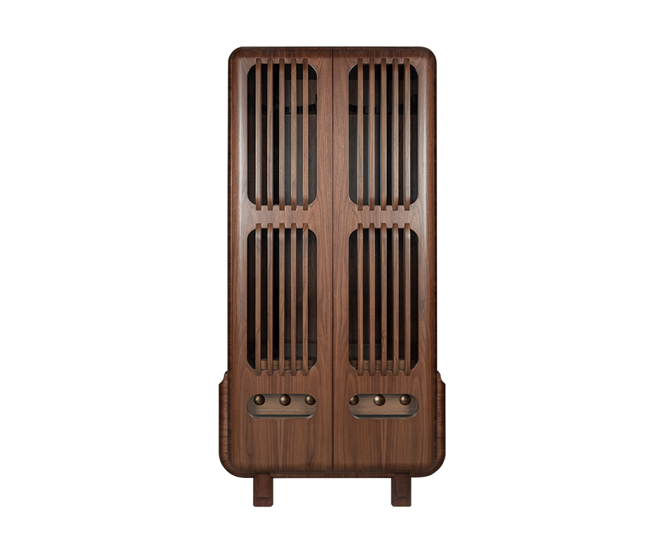 Full-length front view of the Kennedy Golf Locker, a tall rectangular cabinet with rounded corners, handcrafted in dark smoked walnut wood. The doors feature vertical slatted wood panels, and the piece stands on a structured base with four short wooden legs.