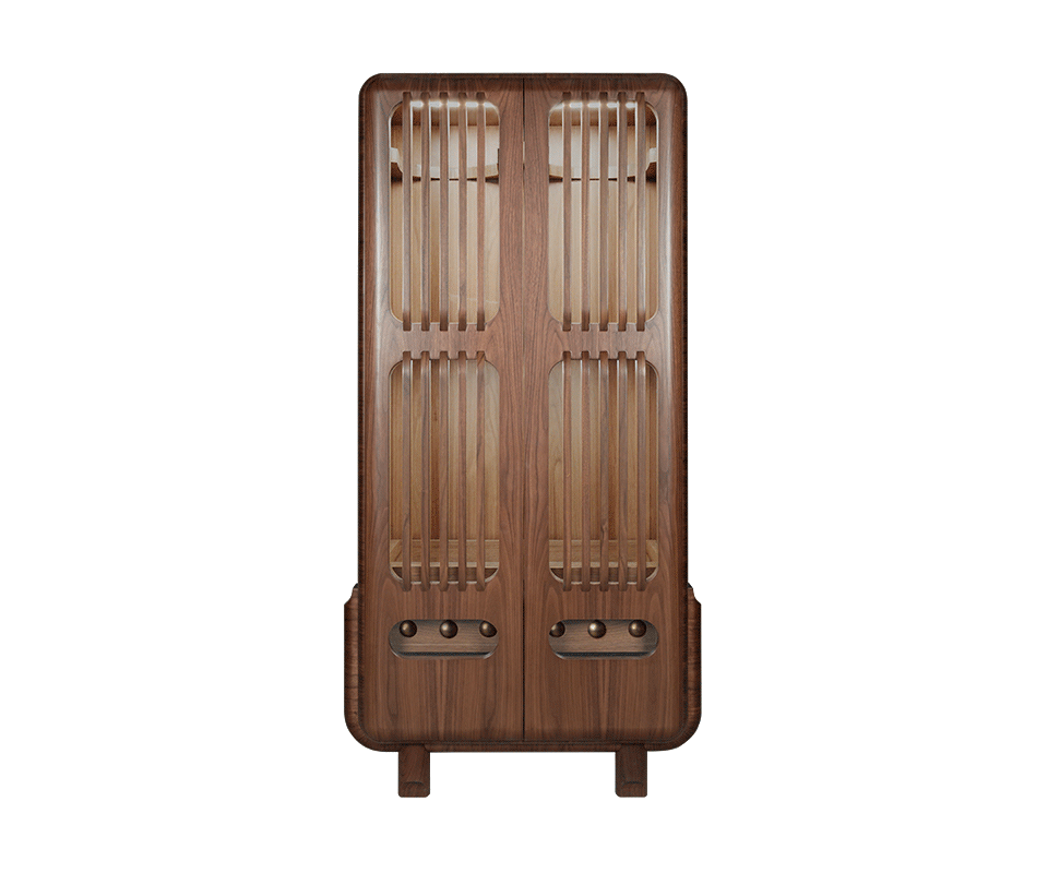 Full-length front view of the Kennedy Golf Locker in smoked walnut wood. The interior is illuminated and revealf golf club storage.