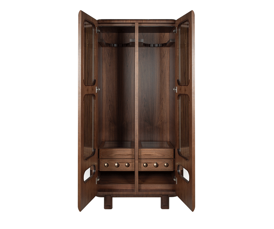 Full-length front view of the smoked walnut Kennedy Golf Locker with both doors wide open. The interior features a central wooden partition, a top hanging rack for golf clubs, and two built-in drawers at the base with spherical aged brushed brass details.