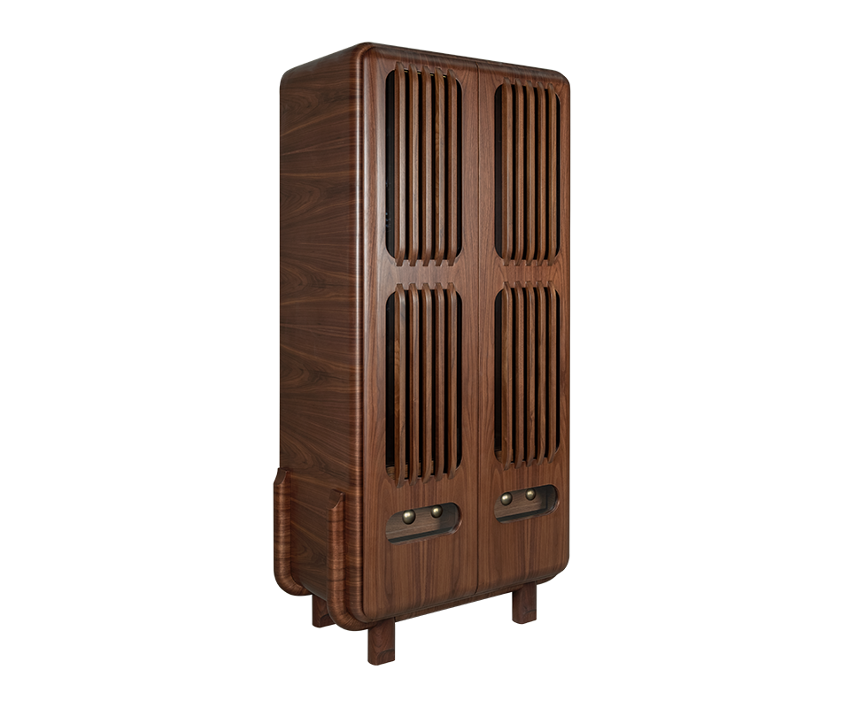 Three-quarter perspective view of the Kennedy Golf Locker in smoked walnut wood. The image highlights the solid wood side panel, the curved edges of the frame, and the rhythmic pattern of the front slatted doors.