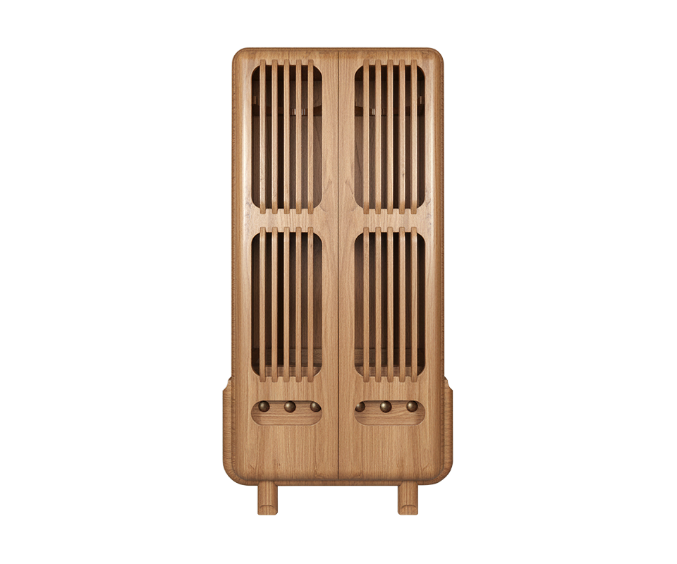 Full-length front view of the Kennedy Golf Locker, featuring the same slatted door design and rounded silhouette but executed in light-natural oak.