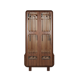 Full-length front view of the Kennedy Golf Locker in smoked walnut wood. The interior is illuminated and revealf golf club storage.