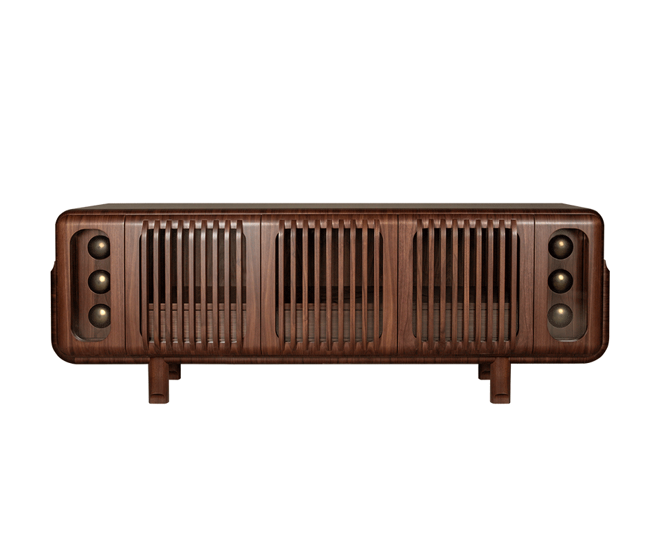 A front-facing shot of the Kennedy Sideboard in smoked walnut wood with the light turning on and off. It features a symmetrical design with three central slatted (slotted) wood panels and two outer glass-enclosed compartments showcasing three decorative spherical brass elements each. The unit has rounded edges and sits on four sturdy, short wooden legs.