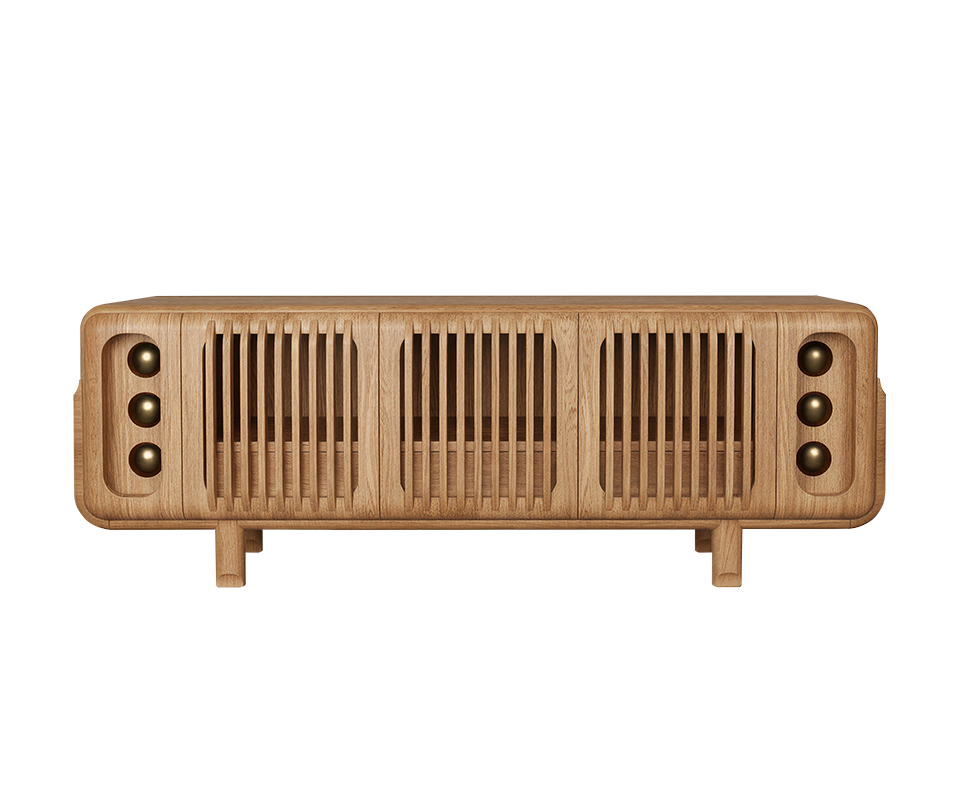 A front view of the Kennedy Sideboard in natual oak. The lighter grain highlights the vertical slats of the three main doors and the recessed brass spheres on the far left and right ends.