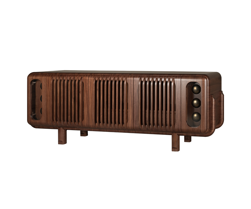 A three-quarter perspective view of the Kennedy Sideboard in smoked walnut, showing its depth and smooth, rounded corners. The light reflects off the polished wood surface, emphasizing the high-end craftsmanship and the sculptural quality of the side panels.