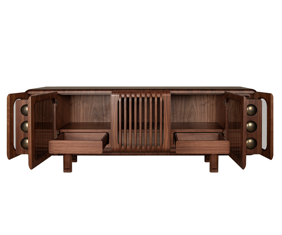 The Kennedy Sideboard with its doors and drawers open, revealing the internal storage. The two outer doors swing out to show the brass detailing, while two internal wooden drawers are pulled forward, showcasing the spacious interior and consistent walnut wood lining.