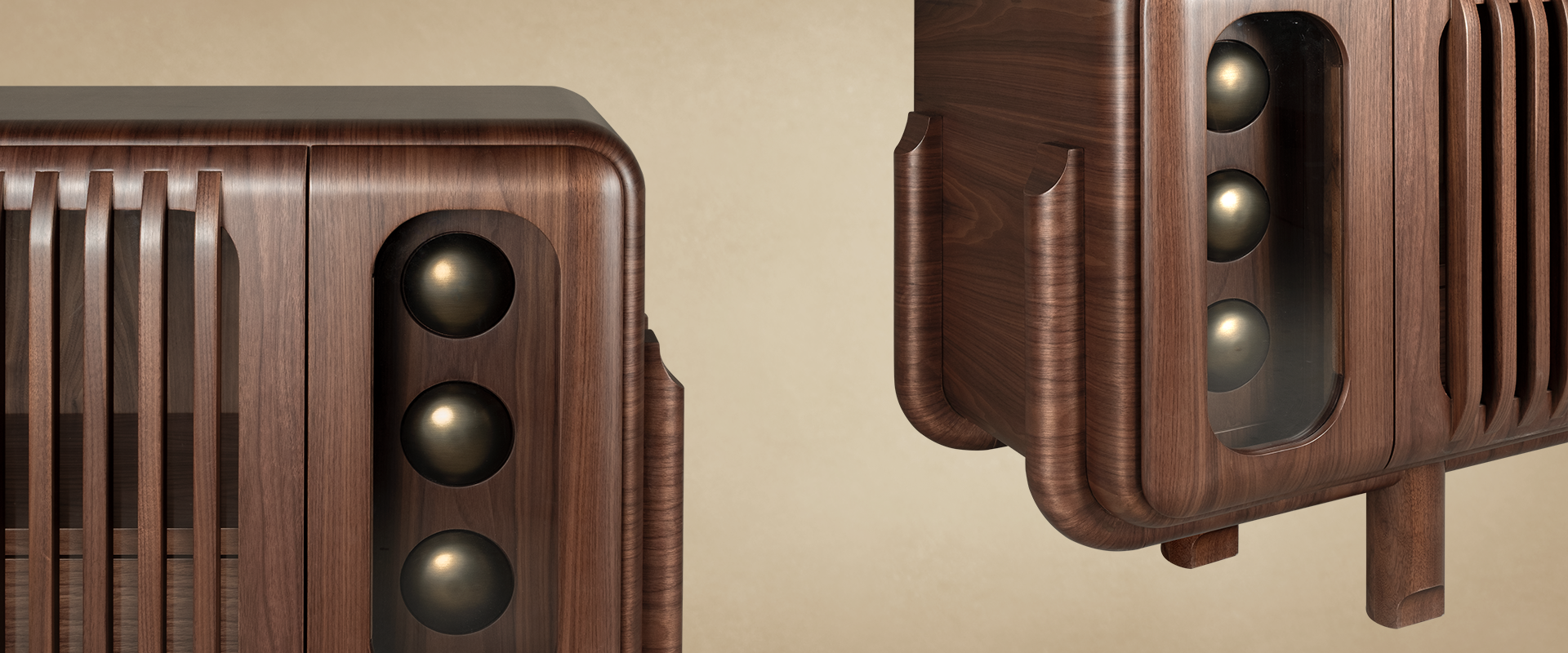 A close-up, split-view detail of the Kennedy Sideboard by Wood Tailors Club. The image highlights the exquisite walnut wood grain and the rounded, sculptural edges of the piece. It showcases the three decorative brushed brass spheres recessed behind a glass panel and the elegant vertical wooden slats. On the right, a perspective view reveals the unique curved wooden joinery on the side profile and the sturdy, rounded support leg.