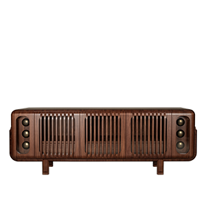 A front-facing shot of the Kennedy Sideboard in smoked walnut wood with the light turning on and off. It features a symmetrical design with three central slatted (slotted) wood panels and two outer glass-enclosed compartments showcasing three decorative spherical brass elements each. The unit has rounded edges and sits on four sturdy, short wooden legs.