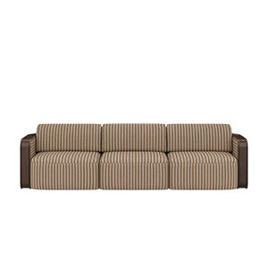 Three-seater modular sofa with brown and beige vertical striped upholstery and dark wood armrests with rattan detailing.