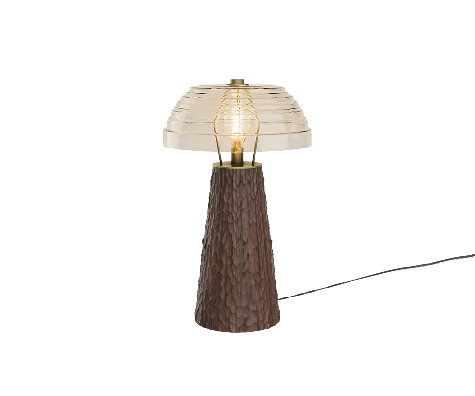 Lloyd I Table Lamp in Hammered smoked walnut wood with light turned on.