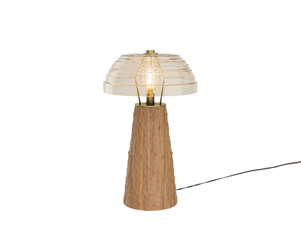 Lloyd I Table Lamp in Hammered oak ashwood with light turned on.