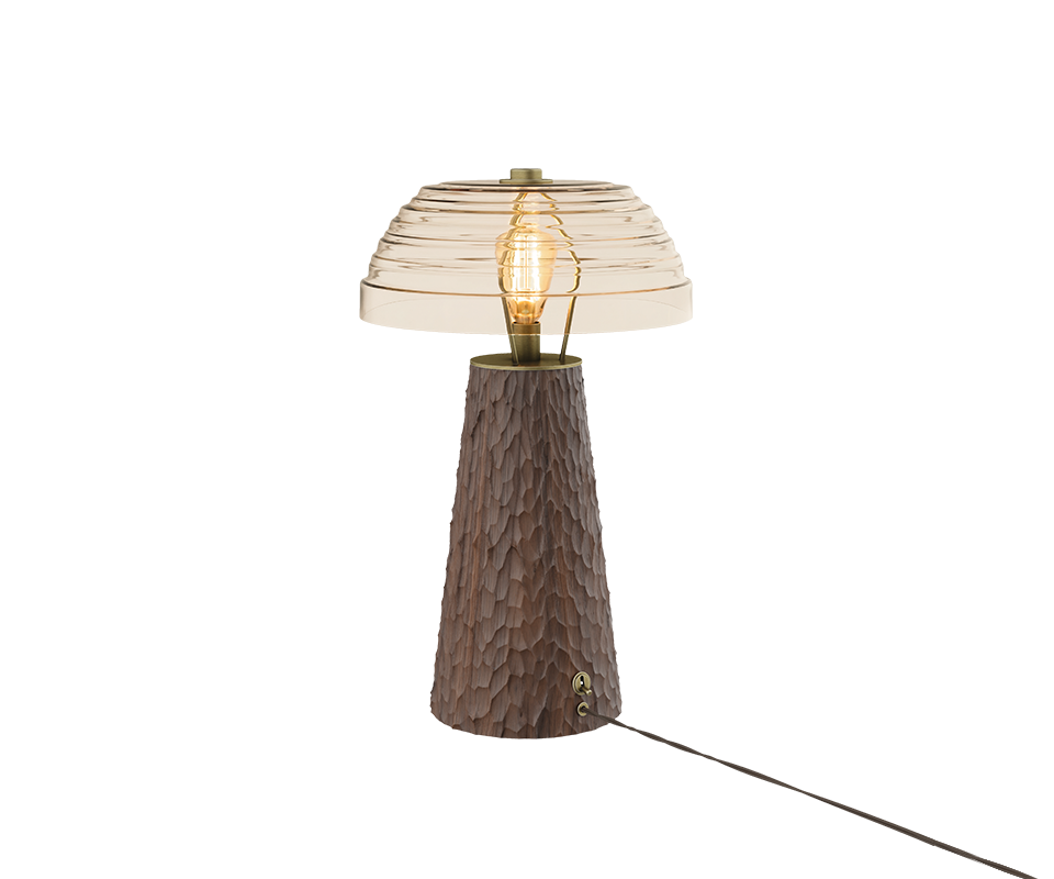 Back view of Lloyd I Table Lamp in Hammered smoked walnut wood with light turned on.