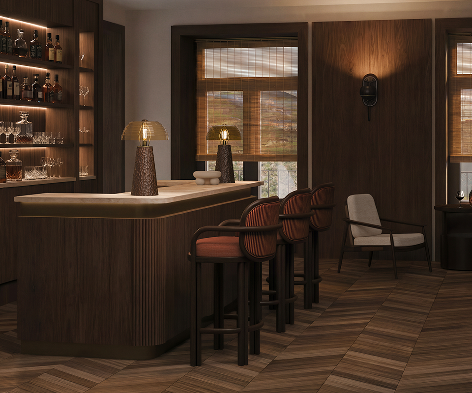 Lloyd I Table Lamp next to James Bar Chair, Adam Armchair and Fleming Wall Lamp.
