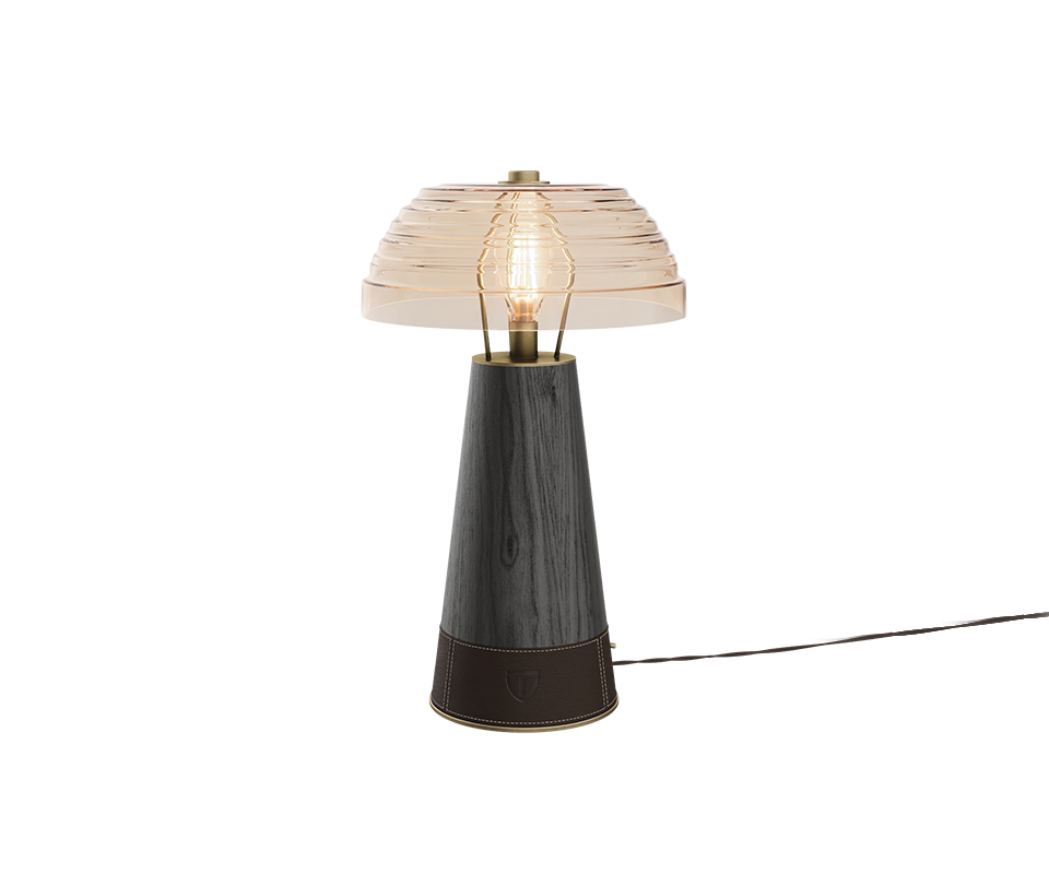 Lloyd II Table Lamp in black stained ashwood and leather.