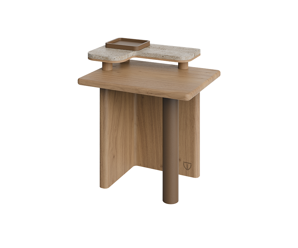 Maurier Side Table Maurier side table in oak, travertine, and AMS Linea 609 wood, shown in a 45-degree view. The composition reveals the interplay of warm oak tones, the smooth travertine surface, and the subtle sophistication of the leather-wrapped cylindrical leg.