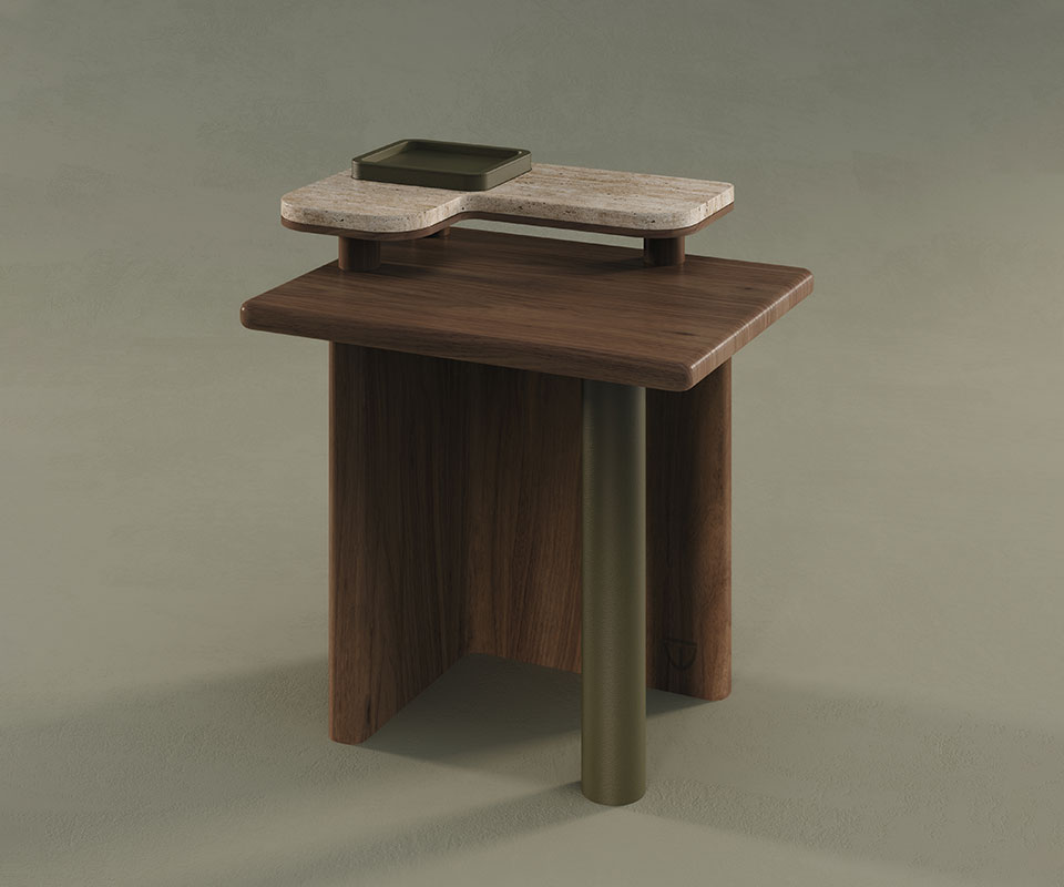 Maurier Side Table Three Maurier side tables set against a cream background, one crafted in oak, another in smoked walnut, and the last in black-stained ashwood.
