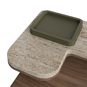 Removable olive green leather tray resting atop a smooth travertine surface, showcasing the refined contrast between the tray’s supple texture and the stone’s natural elegance.